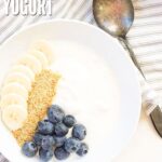 Bowl of homemade Greek yogurt topped with sliced bananas, granola, and blueberries with a spoon nearby. Text overlay reads, "How To Make Greek Yogurt".